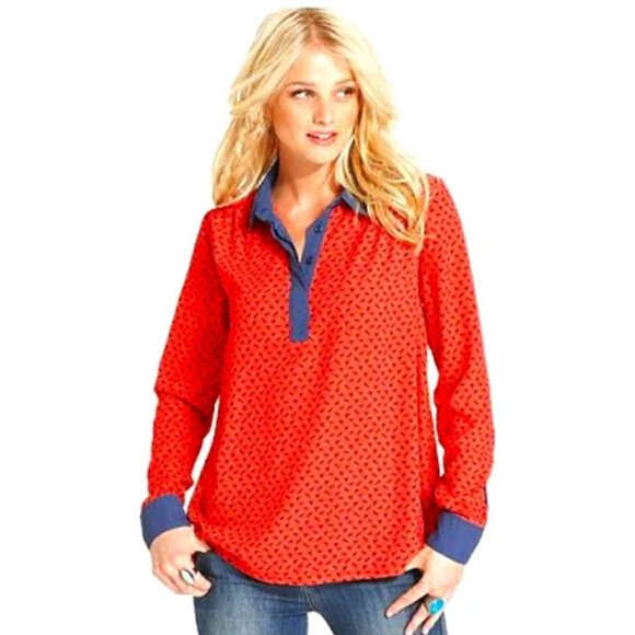 Free People Red Horse Print Boyfriend Blouse Navy Trim Thanksgiving Top Flowy - Picture 11 of 11